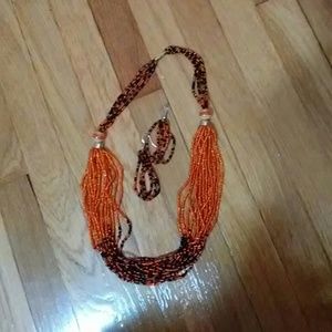 Orange & Black Beaded Necklace & Earring Set